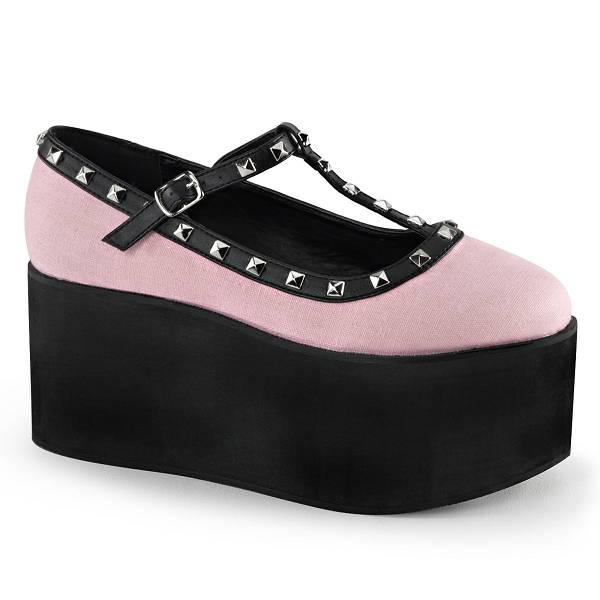 Demonia Women's Click-07 Platform Mary Janes - Baby Pink Canvas D0143-98US Clearance